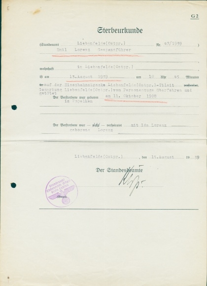Sterbeurkunde, Emil Lorenz, 13. August 1939, 10.45 Uhr, Gespannführer, Liebenfelde