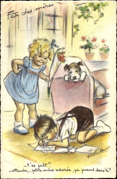 Künstler Ak Bouret, Germaine, Muttertag, Fete des meres, Hund, Junge schreibt einen Brief
