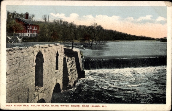 Ak Rock Island Illinois USA, Rock River Dam, Black Hawk Watch Tower, Wasserfall, Rock Island, Ill