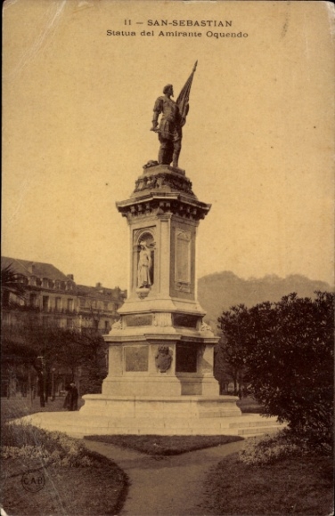 Ak Donostia San Sebastian Baskenland, Statue des Amirante Oquendo,  Monument, Flagge