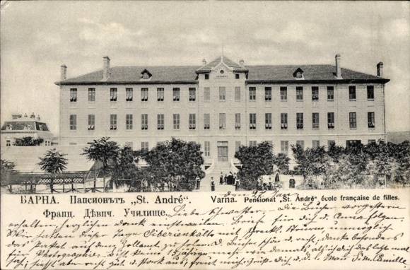 Ak Warna Varna Bulgarien, Pensionat St. André, französische Mädchenschule,  Bäume im Vordergrund