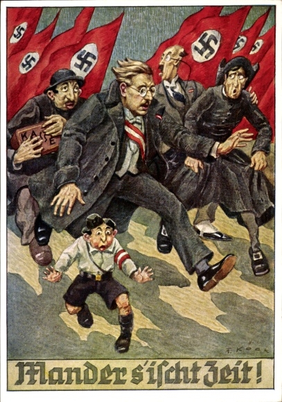 Judaika Künstler Ak Köck, F., Mander s'ischt Zeit, Flüchtende Juden, Kurt von Schuschnigg