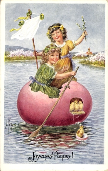 Künstler Ak Kränzle, Glückwunsch Ostern, Osterei Boot, Kinder, Küken