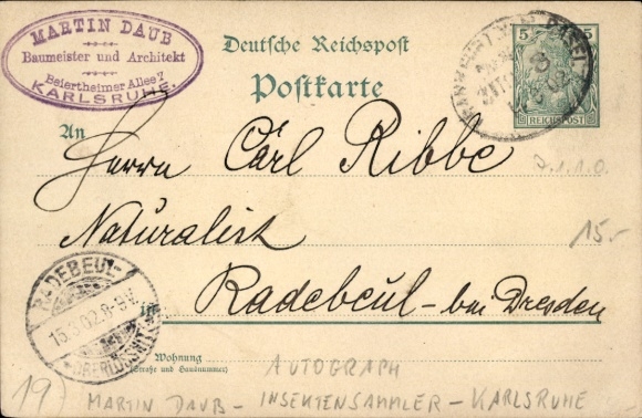 Ganzsache Autograph Martin Daub, Baumeister und Architekt, Insektensammler aus Karlsruhe