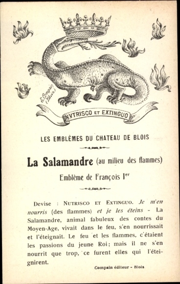 Ak gekrönter Salamander inmitten der Flammen, Emblem von Franz I., Nutrisco et Extinguo
