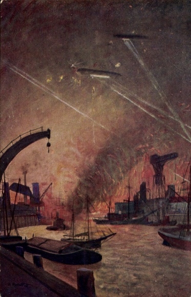 Künstler Ak Hubert, A., Luftangriff auf die Londoner Hafenanlagen