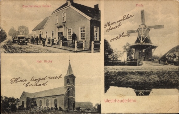 Ak Westrhauderfehn Rhauderfehn Ostfriesland, Katholische Kirche, Windmühle, Geschäftshaus