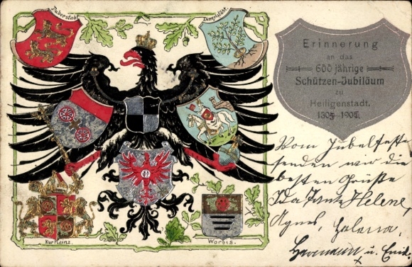 Präge Wappen Litho Heiligenstadt im Eichsfeld, 600-jähriges Schützen-Jubiläum 1905, Schwarzer Adler
