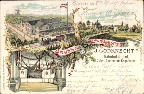Litho Hamburg Wandsbek Rahlstedt Altrahlstedt, Bahnhofshotel J. Godknecht