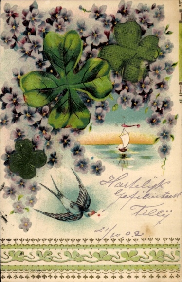 Präge Material Ak Schwalbe, Segelboot, Glücksklee, Blumen