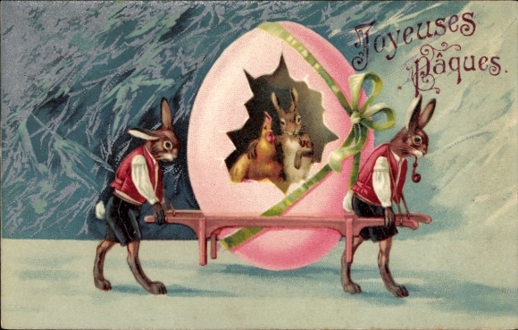 Litho Ostern, Osterhasen tragen ein Osterei, Küken