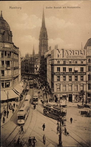 Ak Hamburg Mitte Altstadt, Großer Burstah mit Nicolaikirche