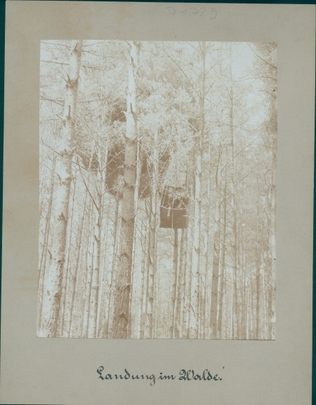 Foto Landung im Walde, Heißluftballon und Gondel hängen in Bäumen