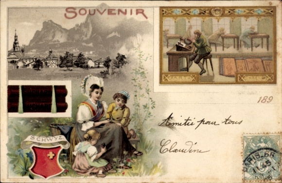 Ak Schwyz Stadt Schweiz, Souvenir, Frau mit Kindern,  Hütte, Tisch mit Werkzeugen