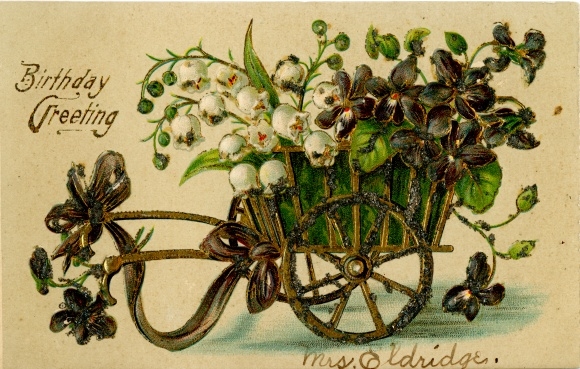 Präge Glitzer Ak Glückwunsch Geburtstag, Karre mit Veilchen und Maiglöckchen