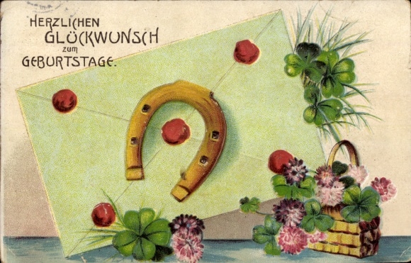 Präge Ak Herzlichen Glückwunsch zum Geburtstag, Brief, Hufeisen, Klee