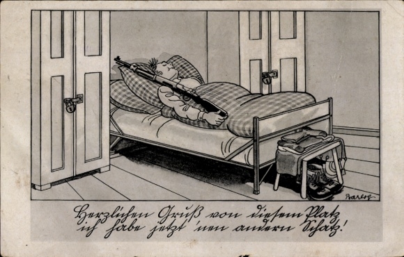 Künstler Ak Barlog, Deutsche Wehrmacht, Schlafender Soldat mit Gewehr, II. WK