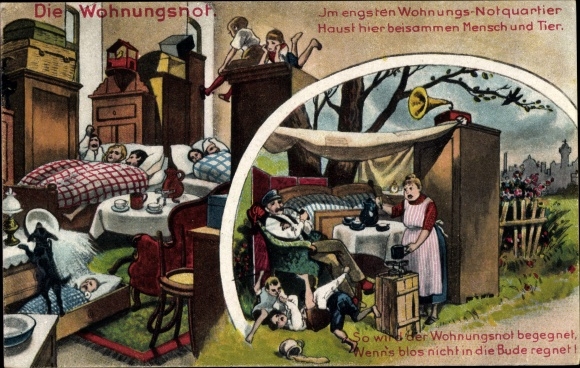 Ak Die Wohnungsnot, Notquartier, haust hier beisammen Mensch und Tier, Grammophon