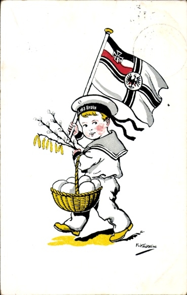 Künstler Ak Kaskeline, F., Junge in Matrosenanzug mit Fahne, Ostern, Verein für Kinder-Volksküchen