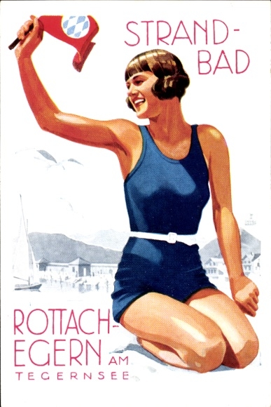 Künstler Ak Rottach Egern in Oberbayern, Strandbad, Frau im Badeanzug