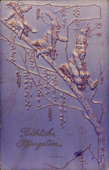 Relief Ak Fröhliche Pfingsten, Birke, Zwerge