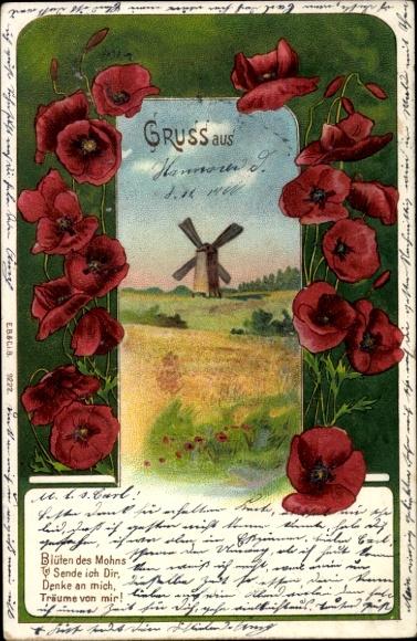 Jugendstil Ak Landschaft, Windmühle, Mohnblumen