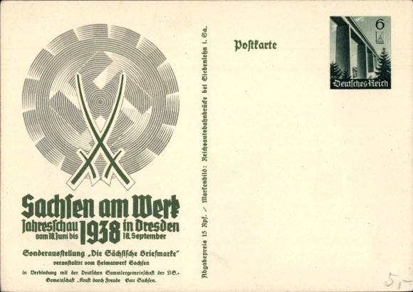 Ganzsachen Ak Dresden, Sachsen am Werk Jahresschau 1938, Sächsische Briefmarke