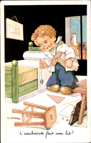 Künstler Ak Gougeon, L'architecte fait son lit