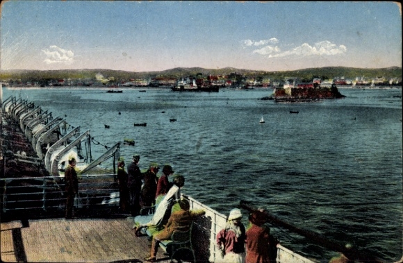 Ak La Coruña Galicien, Bucht vom Deck eines Dampfschiffes gesehen, Passagiere