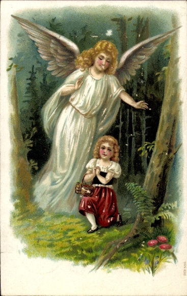 Ak Schutzengel wacht über Mädchen im Wald, Dein Engel schütze Dich