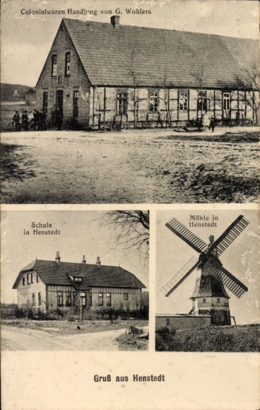 Ak Henstedt Ulzburg in Schleswig Holstein, Kolonialwarenhandlung, Schule, Windmühle