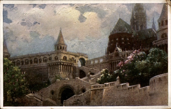 Ak Budapest Ungarn, Fischerbastei,   Architektur, blühende Pflanzen, Himmel