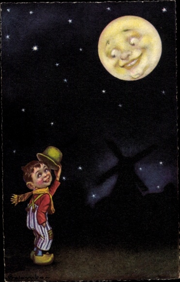 Künstler Ak Colombo, E., Junge grüßt den Mond, Hut ab, Mondgesicht