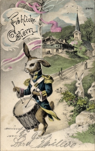 Ak Glückwunsch Ostern, Osterhase als Trommler