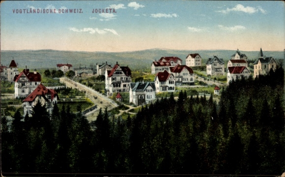 Ak Jocketa Pöhl im Vogtland, Elstertalbrücke, Vogtländische Schweiz,  Landschaft mit Villen, Bäum