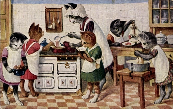 Künstler Ak Vermenschlichte Katzen, Küche