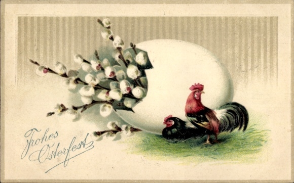 Präge Ak Glückwunsch Ostern, Hühner, Weidenkätzchen