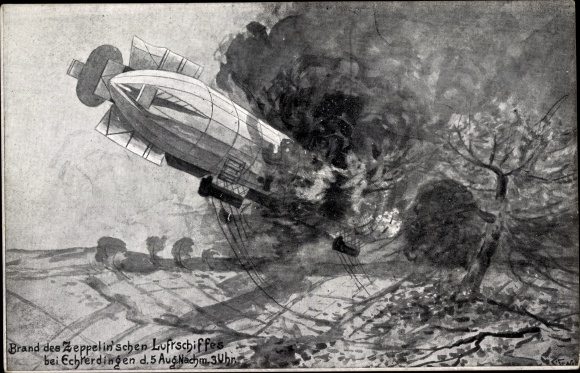 Künstler Ak Echterdingen, Brand des Zeppelin'schen Luftschiffes