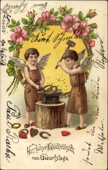 Präge Litho Glückwunsch Geburtstag, Engel schmieden Hufeisen, Herzen, Blumen