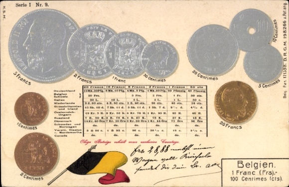 Präge Ak Belgien, Fahne, Währung, Münzen