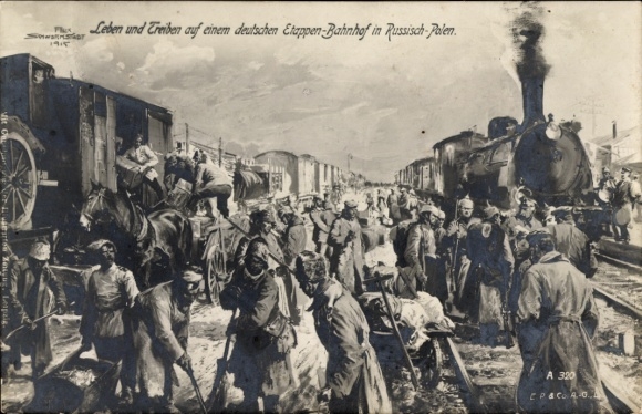 Ak Leben und Treiben auf einem Etappen-Bahnhof in Russisch-Polen, Deutsche Soldaten