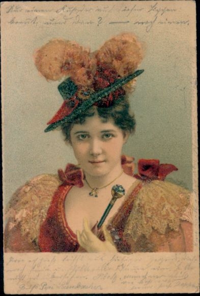 Glitzer Litho Porträt einer Frau, Hut mit Federn