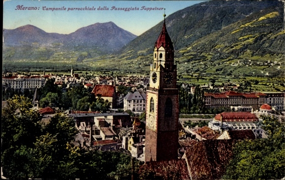Ak Meran Merano Südtirol,  Kirchturm, Berge, Stadtansicht, 