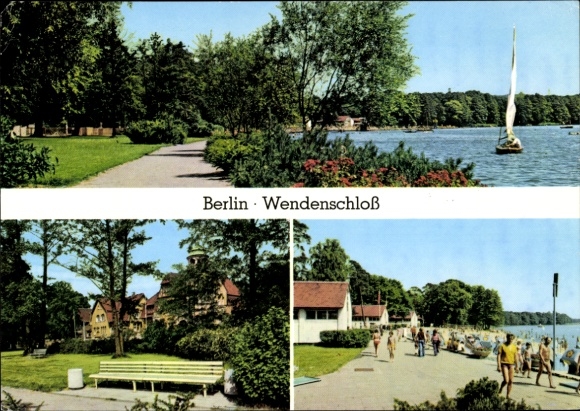 Ak Berlin Köpenick Wendenschloss, Promenade, Möllhausenufer, Strandbad