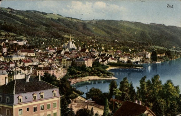 Ak Zug Stadt Schweiz, Landschaft von  See, Berge, Häuser, Kirche, 