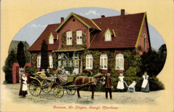 Ak Baccum Lingen im Emsland, Evangelisches Pfarrhaus, Kutsche