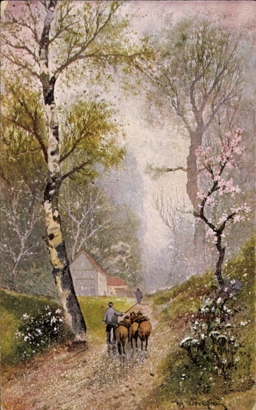 Künstler Ak Waldweg im Frühling, Hirte mit Herde