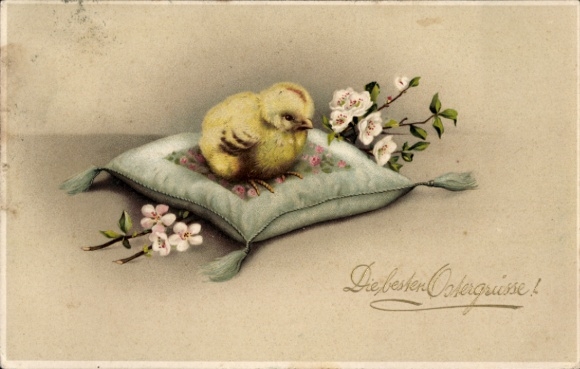 Ak Glückwunsch Ostern, Küken auf einem Kissen, Blütenzweige