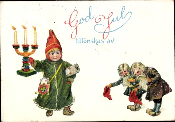 Künstler Ak Nyström, Jenny, Frohe Weihnachten, Zwerge verbeugen sich, Kind mit Kerzenleuchter
