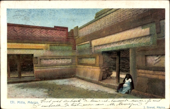 Ak San Pablo Villa de Mitla Mexiko, Wandmalereien, Frau sitzt im Vordergrund